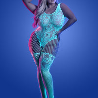 Illuminate Crotchless Teddy Bodystocking - Queen - White/blue