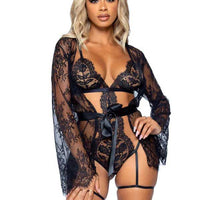 All Romance Lace Teddy and Robe Set - Large -  Black
