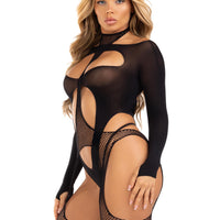 2 Pc Fishnet Halter Suspender Bodystocking and  Layered Teddy - One Size - Black