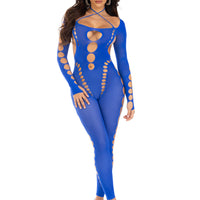 Opaque Cut Out Footless Bodystocking - One Size -  Royal Blue