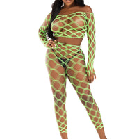 2 Pc Net Crop Top and Footless Tights - One Size - Neon Green