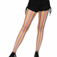 Neon Rainbow Striped Fishnet Tights - One Size -  Multicolor