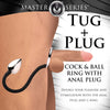 Tug Plus Plug Cock and Ball Ring With Anal Plug -  Black