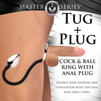Tug Plus Plug Cock and Ball Ring With Anal Plug -  Black