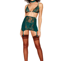 Garter Skirt With Bra a G-String and Collar - One  Size - Peacock