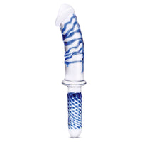 11 Inch Realistic Double Ended Glass Dildo With  Handle - Blue/clear