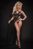 2pc Strappy Halter Laced Night Gown With Side Slits and Open Back - One Size - Black