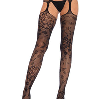 Floral Lace Stockings With Attached Waist Garterbelt - Black - One Size