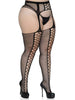 Faux Lace Up Dual Net Backseam Stockings With  Attached Garter Belt - 1x-2x - Black