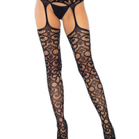 Scroll Lace Stockings With Attached Garter Belt -  One Size - Black