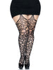 Scroll Lace Stocking With Attached Garter Belt -  1x-2x - Black