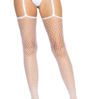 Industrial Net Stockings With Scalloped Trimmed  Attached Garter Belt - One Size - White