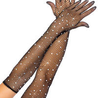 Rhinestone Fishnet Long Gloves - Black