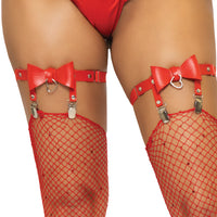 Vegan Leather Bow Garter - One Size - Red