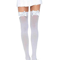 Opaque Thigh Highs With Satin Bow Accent -  One Size - White