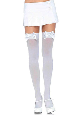 Opaque Thigh Highs With Satin Bow Accent -  One Size - White