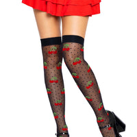 Sheer Polka Dot Cherry Thigh Highs - One Size - Black/red
