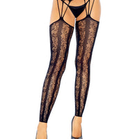 Lace Footless Stockings With Attached Fishnet Garter Belt - Black