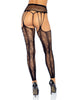 Lace Footless Stockings With Attached Fishnet Garter Belt - Black
