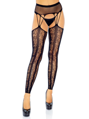 Lace Footless Stockings With Attached Fishnet Garter Belt - Black