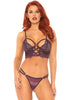 2 Pc Lace Bralette With Cage Strap O-Ring Bodice Detail and Matching G-String - Plum - Medium- Large