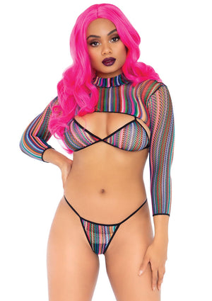 3 Pc Fishnet Bikini G-String and Crop Top - One Size - Multicolor