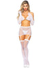 5 Pc Rhinestone Bikini Top G-String Garter  Skirt, Gloves and Stockings - One Size - White