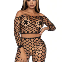 2 Pc Net Crop Top and Bike Shorts - One Size -  Black