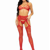 3 Pc Rhinestone Bra Top, G-String, and Garter Belt Stockings - One Size - Red