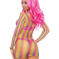 Rainbow Fishnet Long Sleeved Mini Dress - One Size - Rainbow