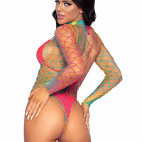 High Neck Fence Net Long Sleeve Bodysuit With Snap Crotch Thong Panty - One Size - Rainbow