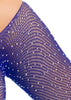 Crystalized Long Sleeve Fishnet Thong Back Bodysuit - One Size - Royal Blue