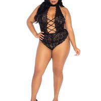 Floral Lace Crotchless Teddy - 1x-2x - Black