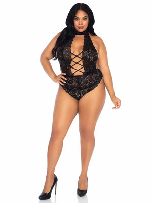 Floral Lace Crotchless Teddy - 1x-2x - Black