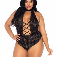 Floral Lace Crotchless Teddy - 1x-2x - Black