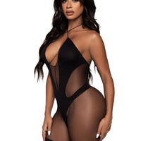 Opaque and Sheer Twist Halter Bodystocking  - One Size - Black