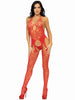 Seamless Heart Net Suspender Bodystocking - One  Size - Red