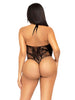 Lace and Net Keyhole Crossover Halter Teddy - One  Size - Black