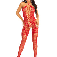 Heart Net Halter Bodystocking - One Size - Red