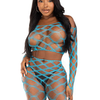 2 Pc Net Crop Top and Footless Tights - One Size - Turquoise