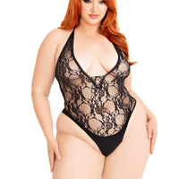 Floral Lace Deep-v Lace Up Teddy - 1x/2x - Black