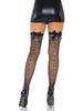 Fishnet Thigh Highs With Satin Bow Top and Rhinestone Backseam - One Size - Black