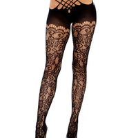 Vine Lace Strappy Wrap Around Crotchless Tights - One Size - Black