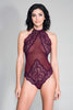 High Neck Scalloped Trim Lace Teddy With Sheer  Back - One Size - Burgundy