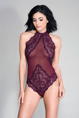 High Neck Scalloped Trim Lace Teddy With Sheer  Back - One Size - Burgundy