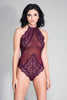 High Neck Scalloped Trim Lace Teddy With Sheer  Back - One Size - Burgundy