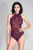 High Neck Scalloped Trim Lace Teddy With Sheer  Back - One Size - Burgundy