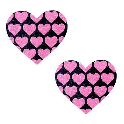 Pink Heart Neon Valentines Black Glitter Heart  Nipple Cover Pasties