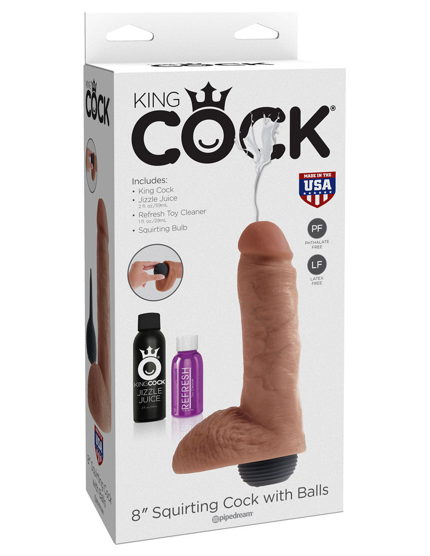 King Cock 8" Squirting Cock With Balls -Tan