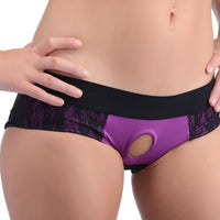 Lace Envy Crotchless Panty Harness - L- XL Purple and Black